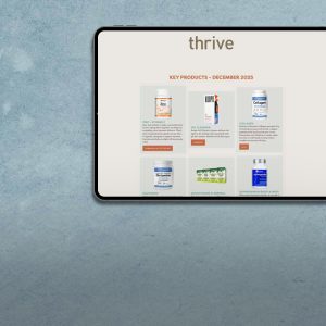 Tablet displaying thrive, alive magazine's digital preview of upcoming products.