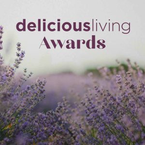 delicious living Awards of natural health logo on a lavender background.